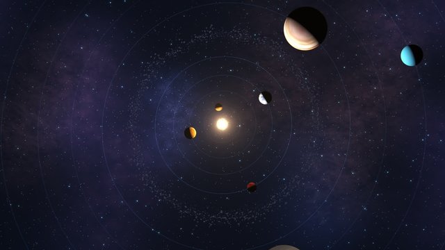 Solar system planetary orbits movement. Zooming out animation. Top view.