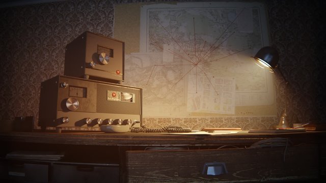 Retro room with vintage radio station standing on the desk under obsolete lamp.