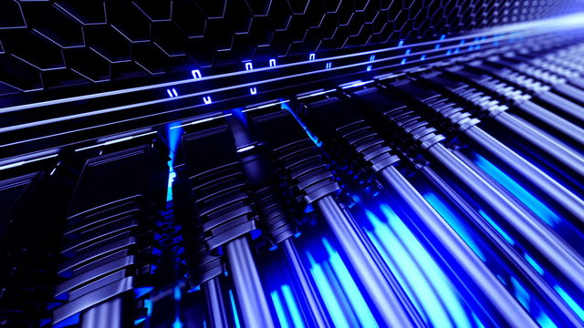 Ethernet cables connected to the network switch. Blue Led lights flashing. HD
