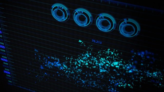 Advanced futuristic graphic interface. Displays abstract diagrams and charts.