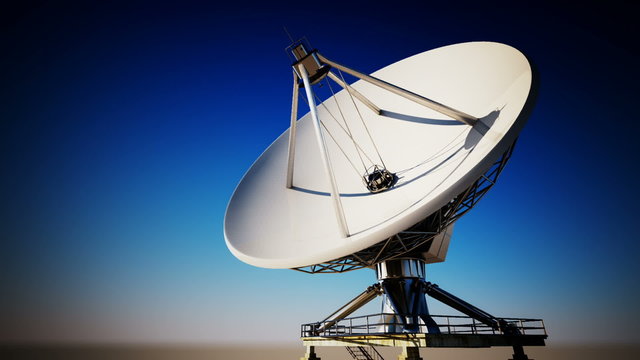 A single satellite dish rotating around own pivot in infinite space. HD