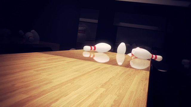 Dynamic animation of striking all the bowling pins. Focused on bowling ball. HD