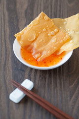 Delicious  appetiser chinese cuisine deep fried wonton eat with sweet chilli sauce