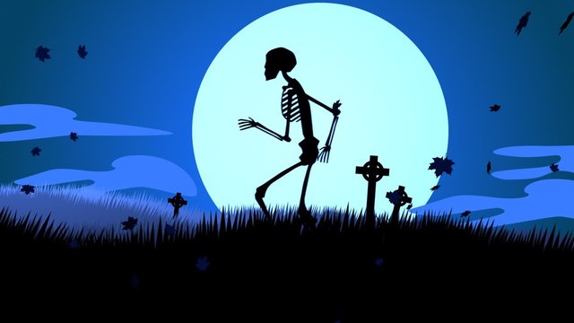 A scary night on the graveyard. The skeletons are walking against the moon.