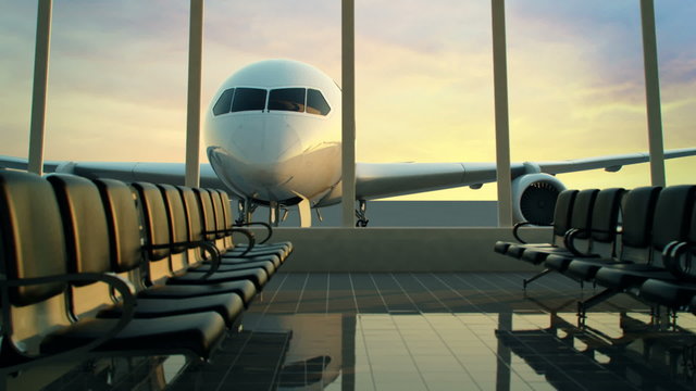 An airplane zoom-in animation in the airport terminal waiting room area. HD