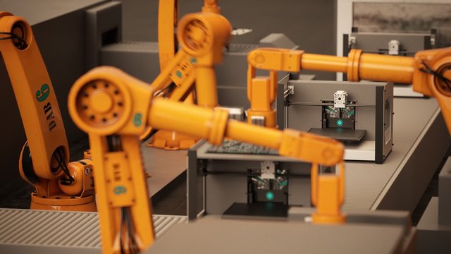 The futuristic robotic arms working on the assembly of the 3d printers.