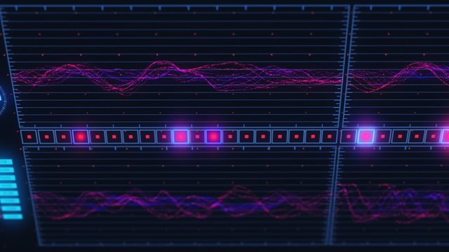 Advanced futuristic graphic interface. Displays abstract diagrams and charts.