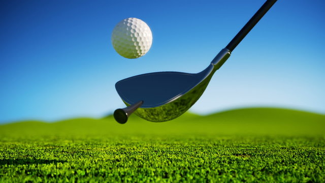 Animation of slow motion golf strike at the golf course. Natural sunlight. HD