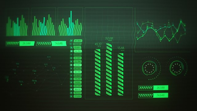 Advanced futuristic graphic interface. Displays abstract diagrams and charts.