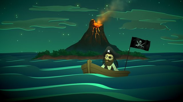 A pirate boat in front of an active volcano island in the middle of the ocean.