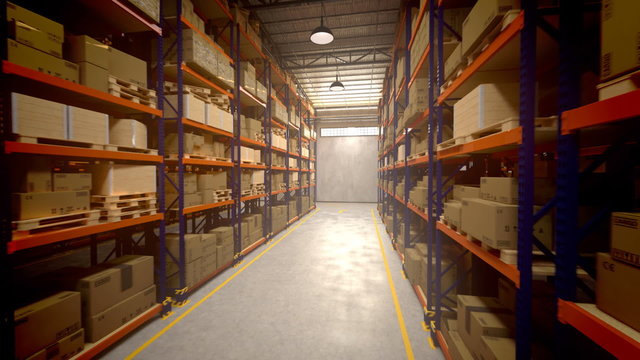 Walk through the warehouse alley with endless packages amount. Loopable. HD