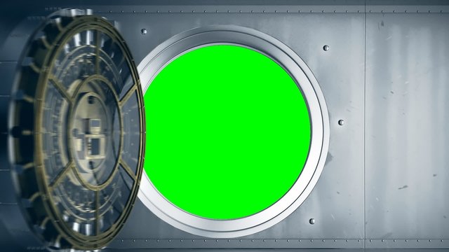 Bank Vault doors opening with a green screen inside. Safe for money, gold.