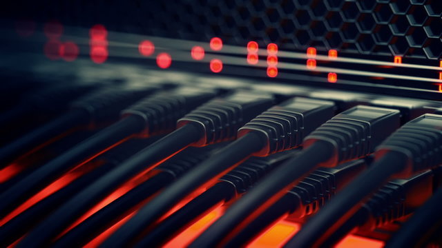 Ethernet cables connected to the network switch. Orange Led lights flashing. HD