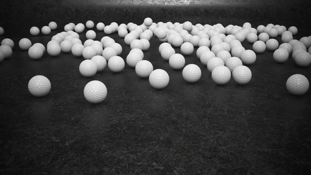 Real-size white golf balls bouncing invasion in the dark gray environment. HD