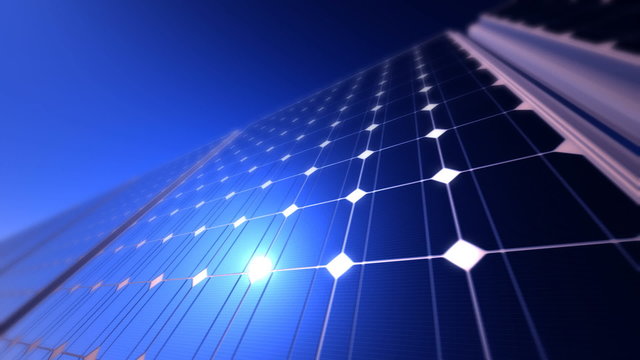 Loopable animation of endless solar energy panels arrangement at blue sky. HD