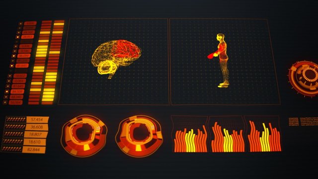 Advanced futuristic graphic interface. Displays abstract diagrams and charts.