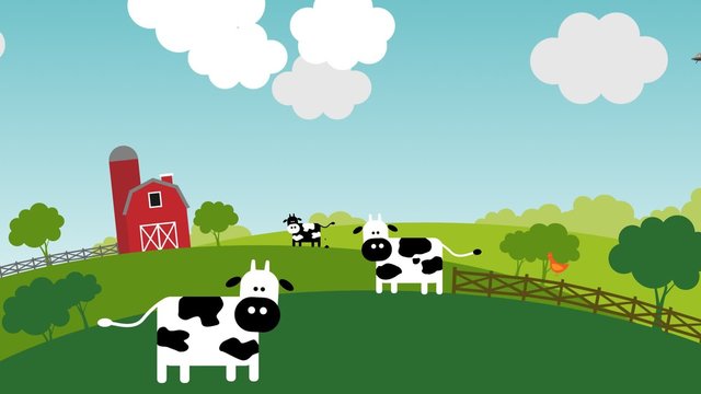 Cow abduction by aliens on sunny day on the farm. Rural landscape with animals.