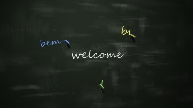 Welcome' in English, German, Russian, French, Spanish, Portugese. Blackboard.