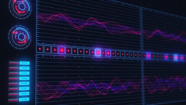 Advanced futuristic graphic interface. Displays abstract diagrams and charts.