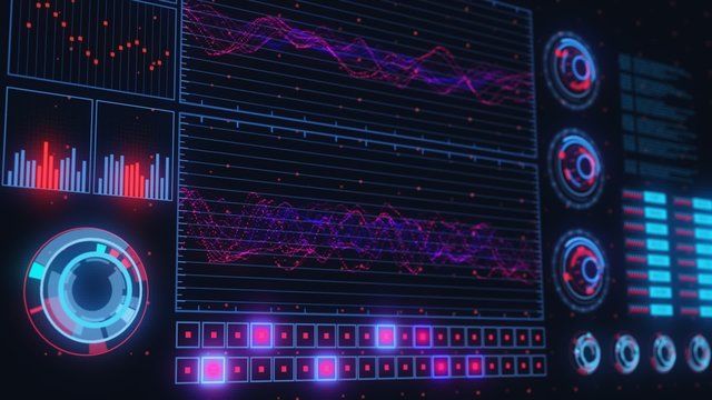 Advanced futuristic graphic interface. Displays abstract diagrams and charts.