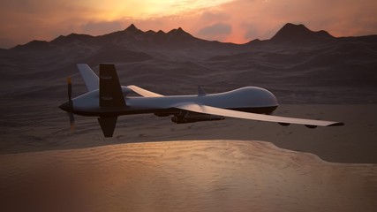 Military predator drone flying at sunset. Intelligent unmanned vehicle. - Powered by Adobe