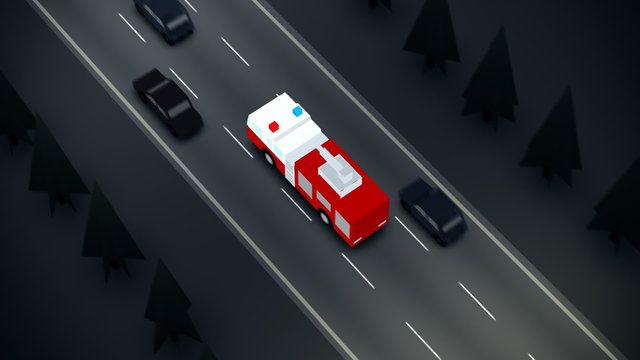 A busy highway. The fire truck with the flashing lights on the emergency call
