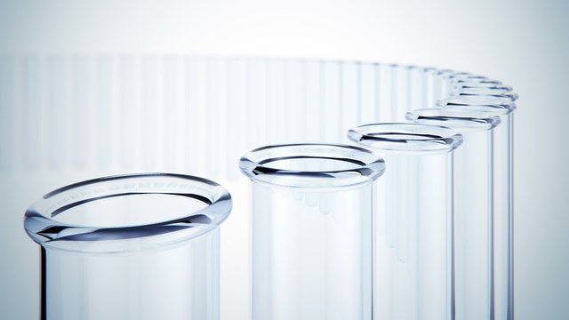 Empty test tubes waiting for fill on the production line. Loopable animation. HD