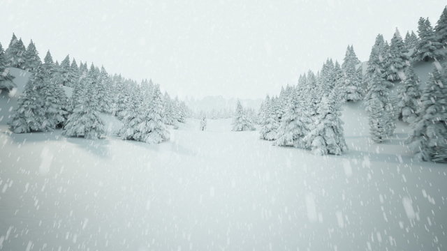 Animation of the beautiful white snow falling winter landscape view. HD