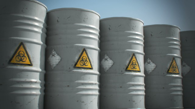 Endless animation of the grey biohazard barrels horizontal stack. Side view. HD