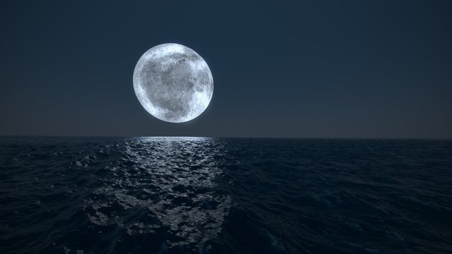 Animation of bright glowy moon reflecting on the dark surface of the calm ocean.
