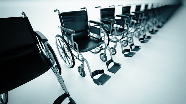 Endless animation of manual wheelchairs stacked one near another. Loopable. HD