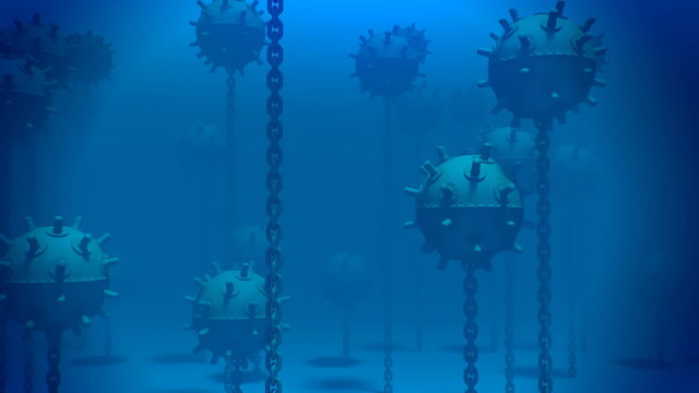 Naval underwater mines. Explosive bombs floating in the basin. Loopable. HD