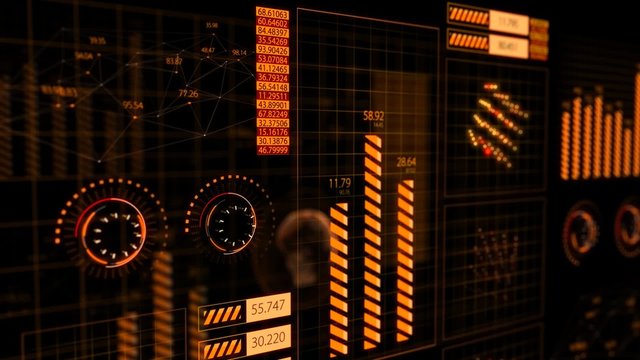 Advanced futuristic graphic interface. Displays abstract diagrams and charts.