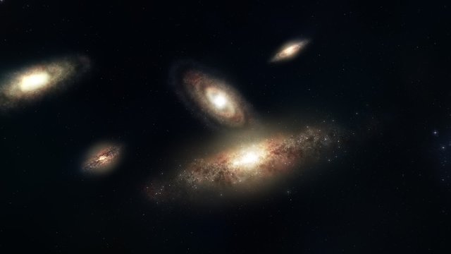 Galaxy cluster in deep space with spiral and elliptical galaxies