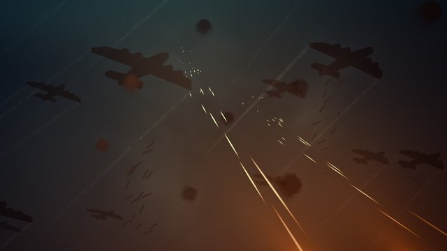 Squadron of planes flying with fiery trails of flak streaking up towards them.