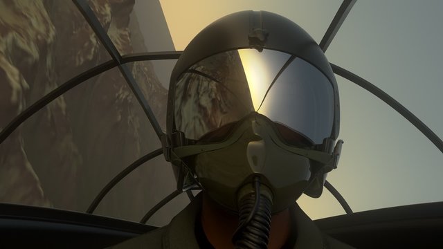 The pilot wearing a helmet and a mask in the cockpit is flying a jet fighter.