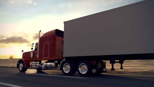 Huge semi-trailer cargo truck riding on the highway. Overall view animation. HD