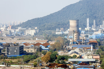 Obraz premium Steel mills Smoke and powder dust pollution in large industrial District