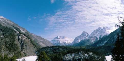 Zugspitze is the highest peak of Wetterstein Mountains. Alps. Winter landscape panorama