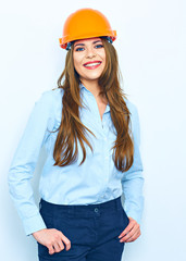 Builder architect business woman with big toothy smile studio p