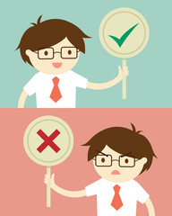 Business concept, Businessman holding true and false sign. Vector illustration and flat design.
