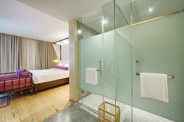 interior of modern bedroom with glass shower room