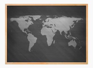 world map on old blueprint background texture in wooden frame. Technical backdrop paper.