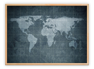 world map on old blueprint background texture in wooden frame. Technical backdrop paper.