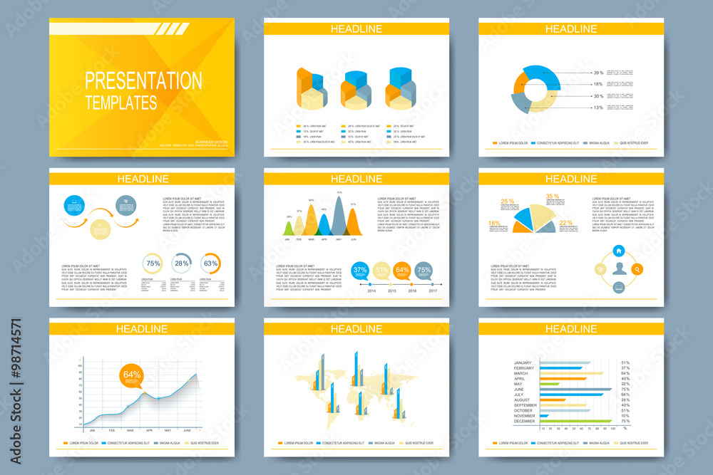 Aufkleber Set of vector template for presentation slides. Modern design with graph and charts