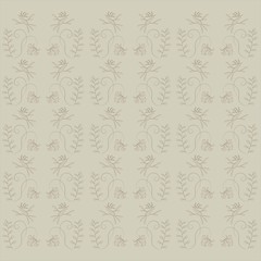 Seamless floral texture. Beige background, pink birds, flowers and leaves, thin black lines, cool tones. Design element, vector
