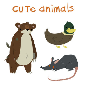 Animals set. With teddy bear ,duck and rat flat icon mascot.