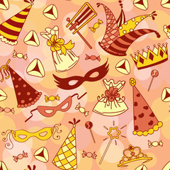 Seamless pattern background for Jewish holiday Purim: carnival masks and hats, holiday gifts, candy and  traditional  cookies. Vector illustration. 