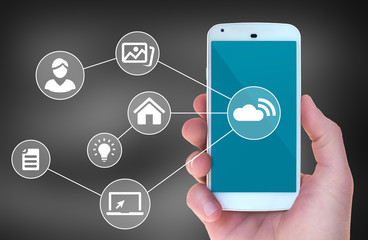 Modern mobile smart phone connected to wireless automation apps
