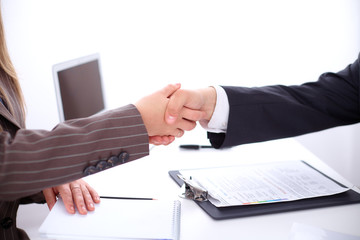 Business people shaking hands, standing